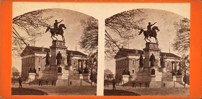 Stereoscopic card of the Washington statue