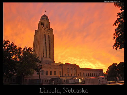 Sunset behind the Nebraska capitol